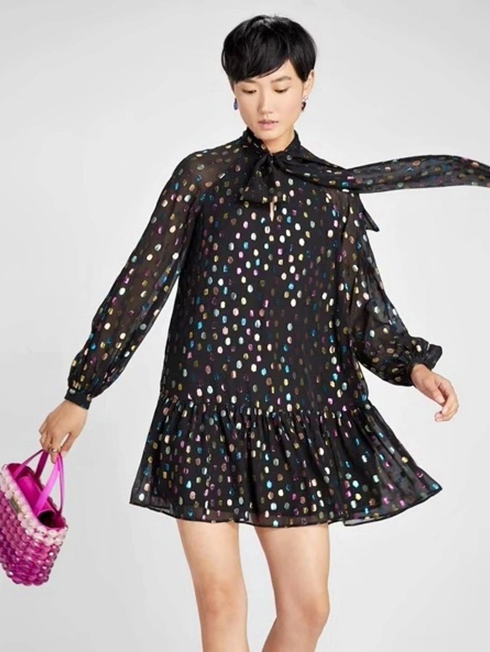 kate spade new york Metallic Holiday Dots Tie-Neck Shift Dress